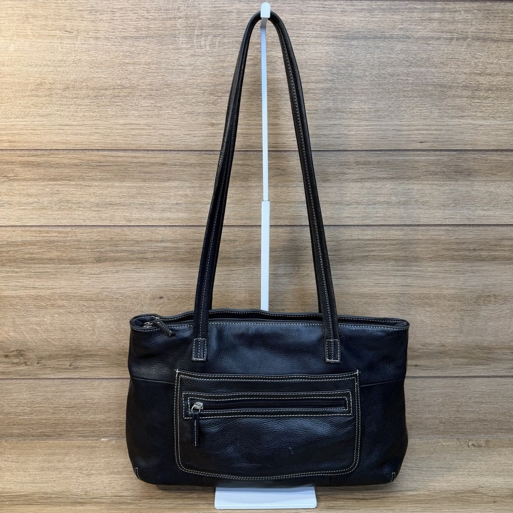 Tignanello Black Pebbled Leather Shoulder Tote Bag Contrast Stitching Y2K